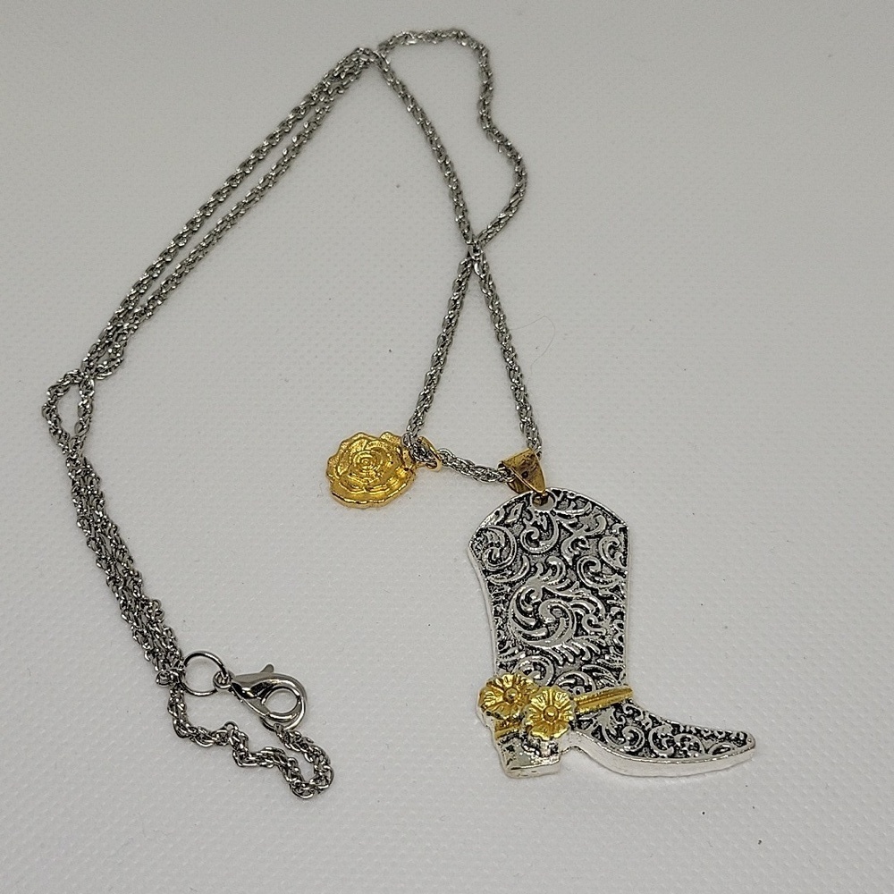 Cowboy Boot Yellow Rose Accent Silver Tone 20" Necklace